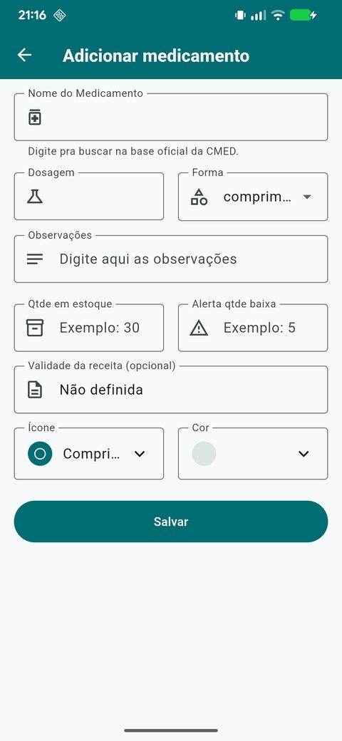 Tela 'Adicionar medicamento' do MedGuardian, com os campos Nome do Medicamento, Dosagem, Forma, Observações, Qtde em estoque, Alerta qtde baixa, Validade da receita, Ícone e Cor.