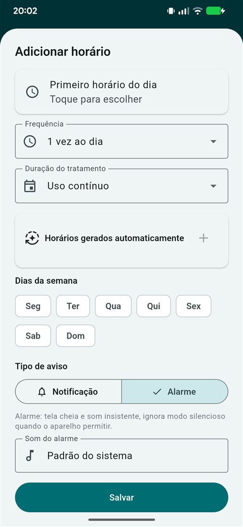Tela 'Adicionar horário' do MedGuardian, com Primeiro horário do dia, Frequência, Duração do tratamento, Dias da semana e a escolha entre Notificação e Alarme.