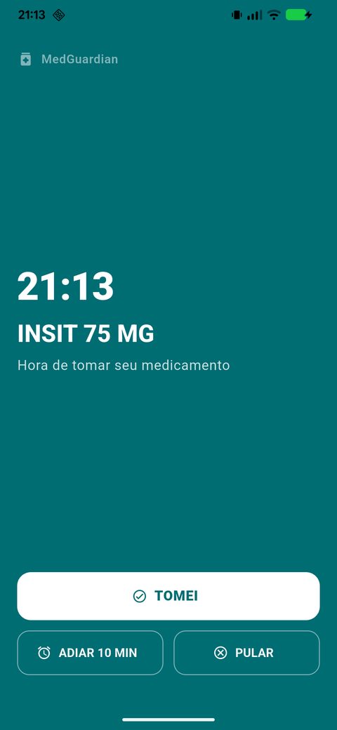 Tela de alarme do MedGuardian na hora do medicamento, com os botões Tomei, Adiar 10 min e Pular.